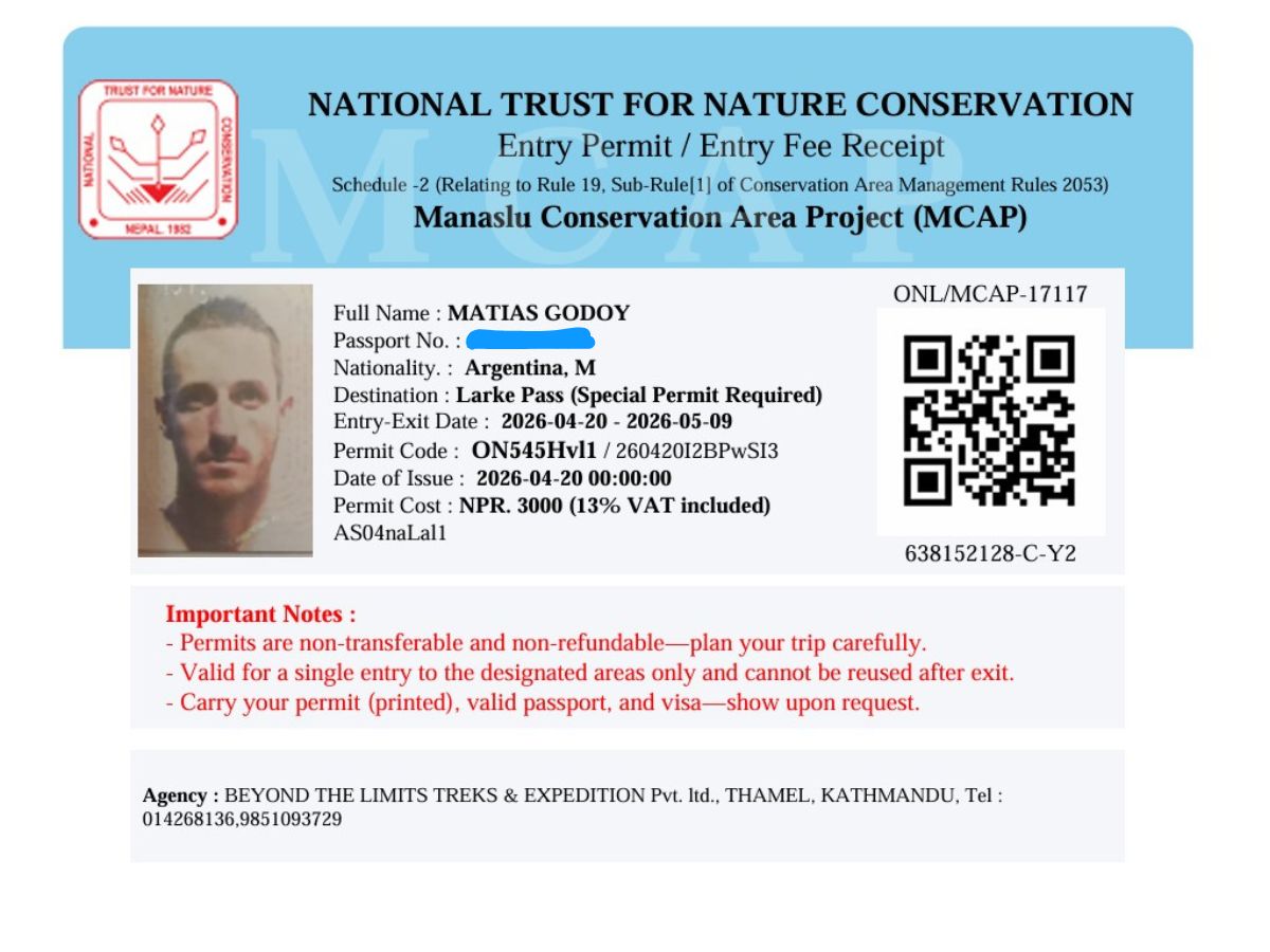 MCAP Permit for Manaslu CIrcuit Trek